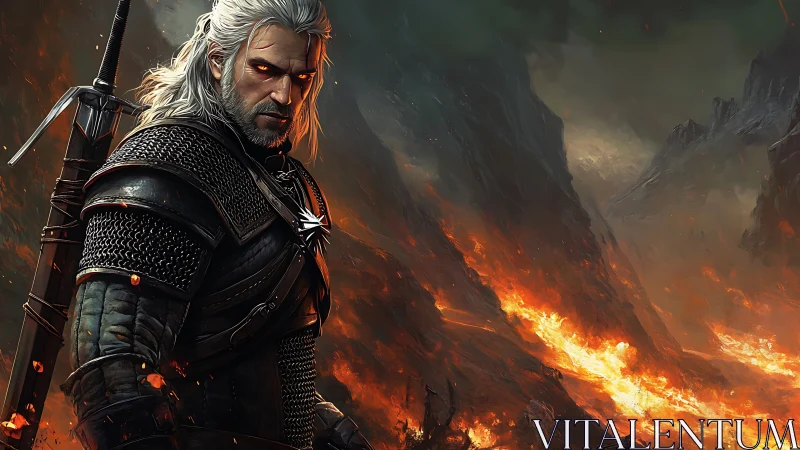 Armored swordsman surveys volcanic battlefield with dramatic rim lighting