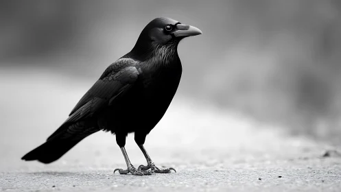 Majestic Black Raven in Sharp Focus, Monochrome Photography Style.