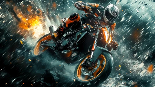 Motorcyclist powers through explosive wet track in neon teal storm.