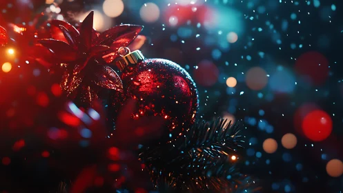 Red ornament and foliage hang on tree with snow and bokeh