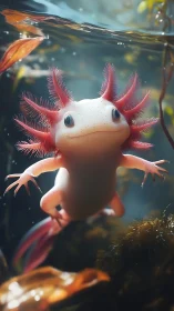 Photorealistic pink axolotl gliding through sunlit water.