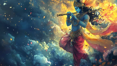 Celestial blue figure plays a flute amid swirling cosmic light