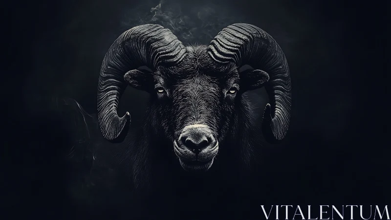 Majestic ram portrait emerges from deep shadowed darkness.