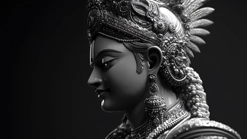 Highly detailed 3D render shows ornate deity profile sculpture