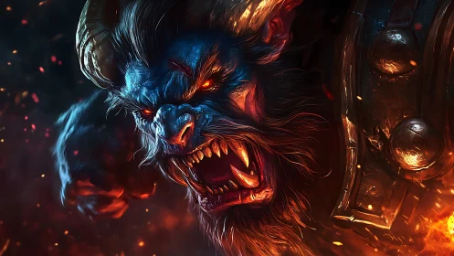 Fierce horned demon roars amid blazing sparks and swirling fire