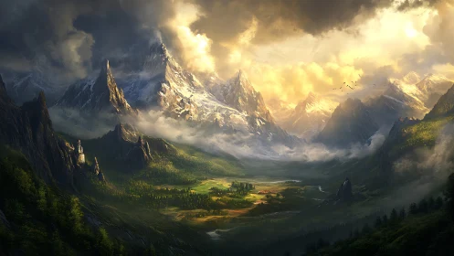 Dramatic fantasy mountain range above a misty green valley.