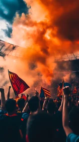 Inferno of cheers under smoke-drenched stadium skies.