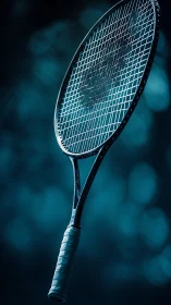 Crisp tennis racket waits calmly under cool blue light