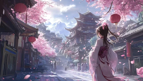 Hanfu-clad figure in cherry blossom mountain temple street.