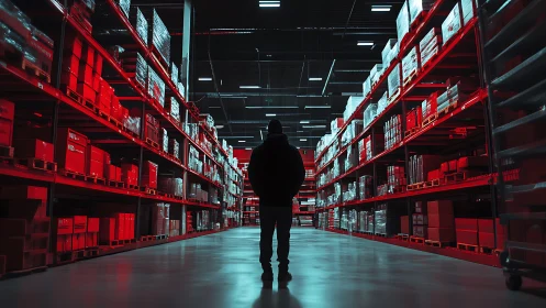 Lone figure haunts neon-red warehouse aisles at midnight.
