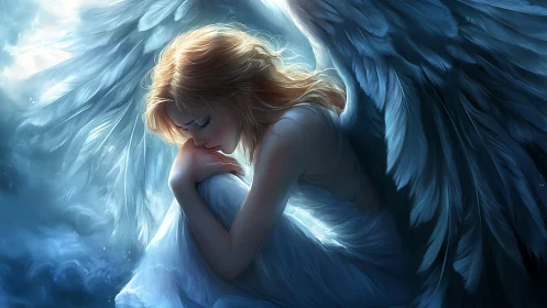 Melancholic angel in luminous blue ethereal lightscape.
