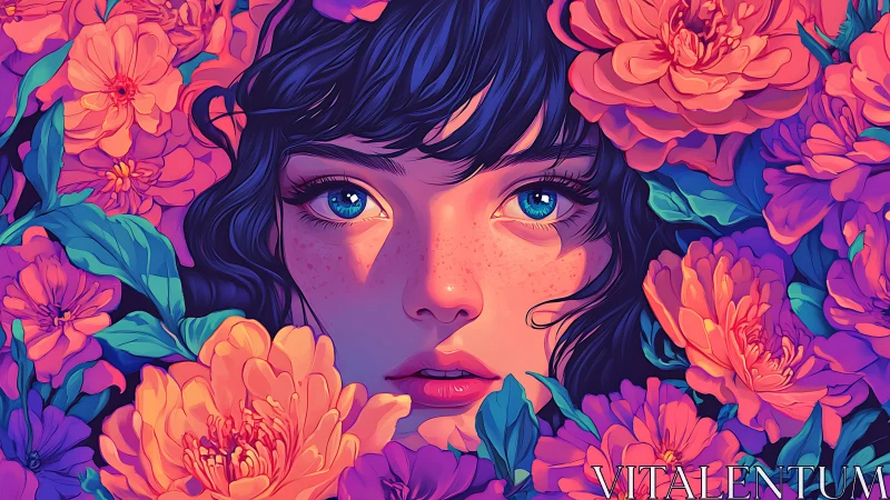 Neon-eyed girl emerging from luminous peony blossoms.