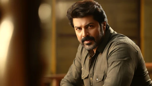 Warmly lit portrait of a thoughtful bearded man indoors.