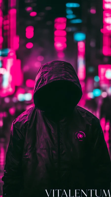 Hooded figure in neon city street at night, face obscured.