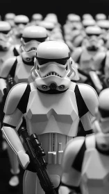 Stormtrooper formation stands in rigid monochrome precision.