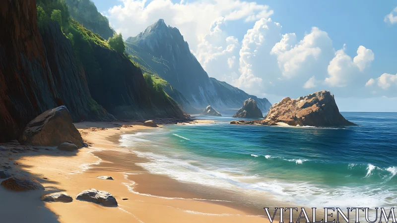Dramatic Coastal Cliffs Meet Golden Sand Beach Under Clear Sky