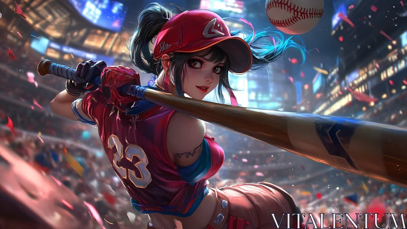 Dynamic anime slugger readies bat in neon stadium glow.