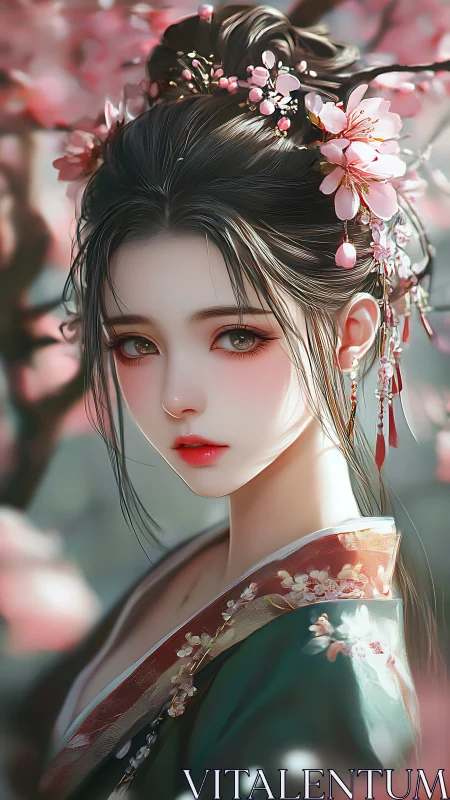 Digital portrait shows floral hair ornaments and kimono details