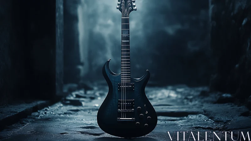 Midnight electric guitar stands in a misty alley shrine.