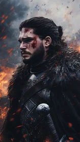 Scarred winter warrior walking through falling embers.