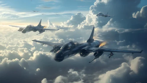 Futuristic twin-fuselage aircraft squadron above clouds.