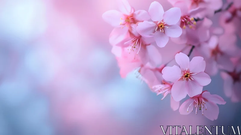 Pink Blossom Cluster with Stamens Against Soft Blue Background