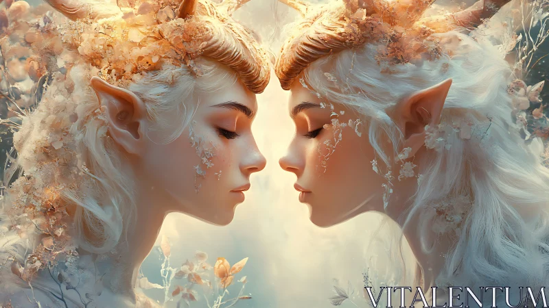 Symmetric elven twins render with horned crowns and floral particle detailing