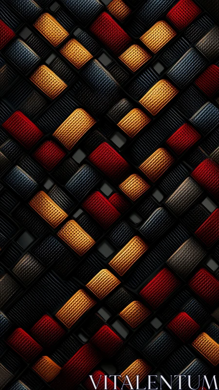 Textured geometric blocks in red, gold, and dark tones.