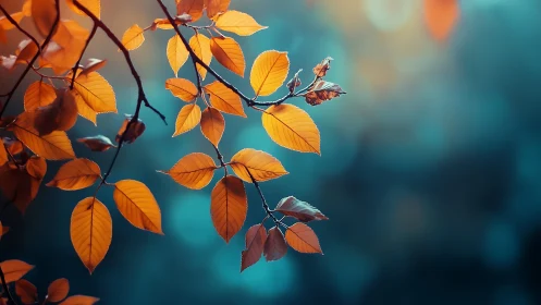 Orange autumn leaves hang from thin branches over teal blur