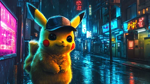 Pikachu in neon lit rainy alley with reflective pavement.