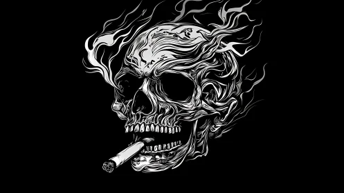 Flaming cigarette skull grins through swirling monochrome smoke.