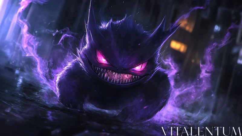 Spectral neon creature advances through rain-soaked cyber alley