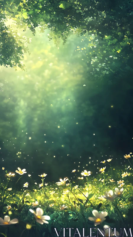 Backlit wildflower meadow rendered with volumetric forest lighting