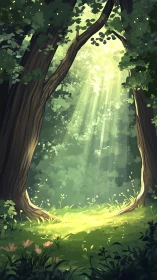Ancient Forest Canopy: Luminescent Woodland Gateway with Crepuscular Light Rays