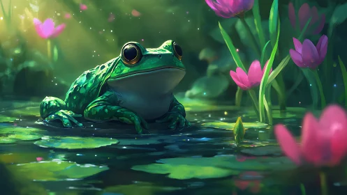 Emerald frog basks in enchanted lily pond glow at dusk.