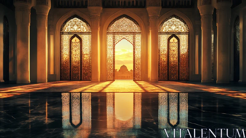 Sunlit arches in ornate hall with reflective marble floor.