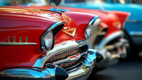 Chrome-smiled classic cruisers bask in candy red nostalgia.