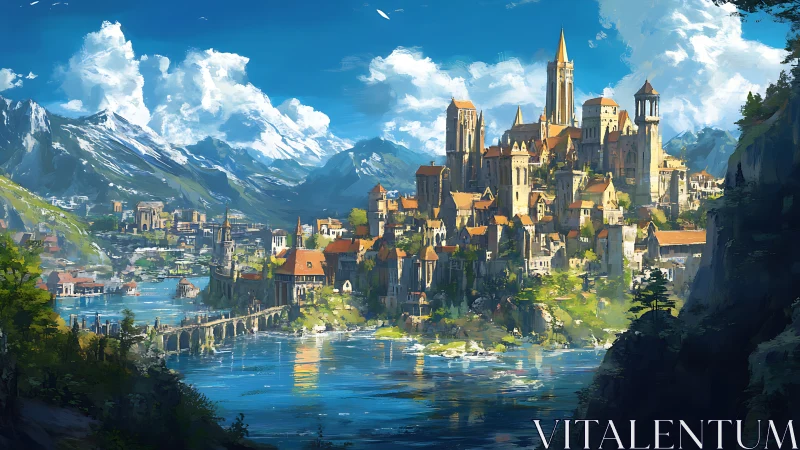 Sunlit alpine citadel overlooking vivid sapphire lake waters.