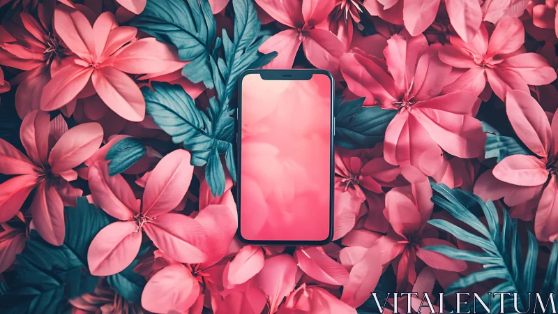 Smartphone Surrounded by Vibrant Pink Floral Blooms.