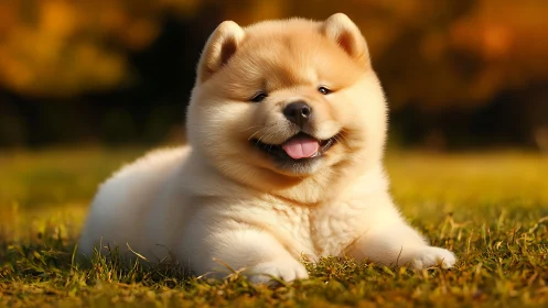Fluffy chow chow puppy resting on sunlit grassy field
