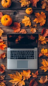 Laptop rests among autumn leaves on rustic wooden desk