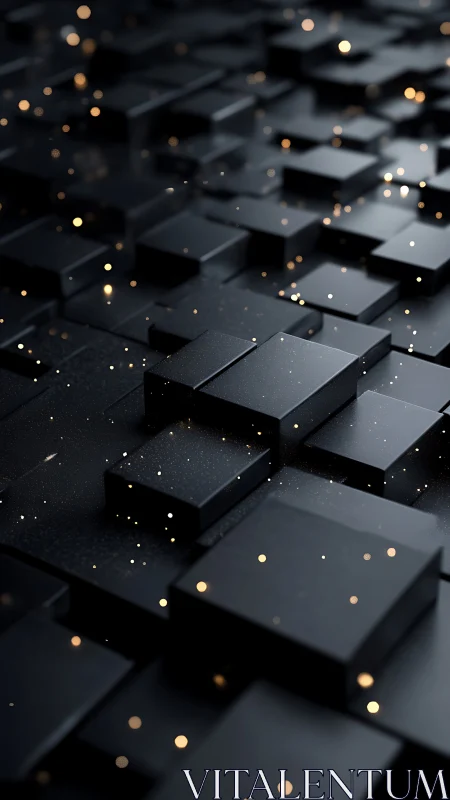 Midnight cubic skyline with drifting sparks of digital starlight.