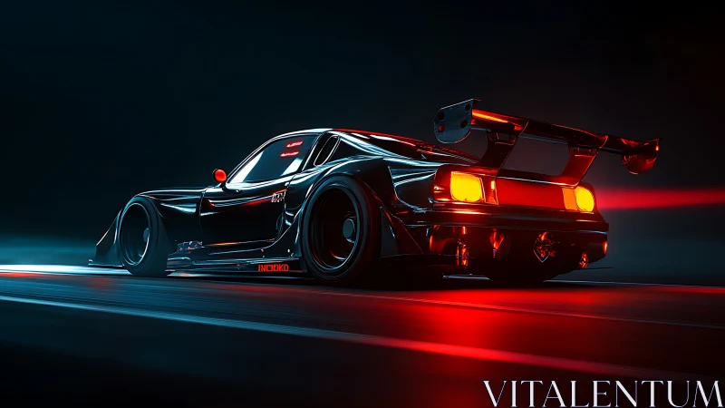 Modified black sports car accelerates under red neon light