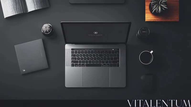 Minimalist workspace frames sleek laptop and dark desk layout.