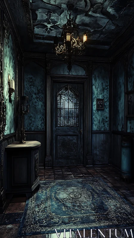 Moody old hallway with a mysterious closed door and chandelier.