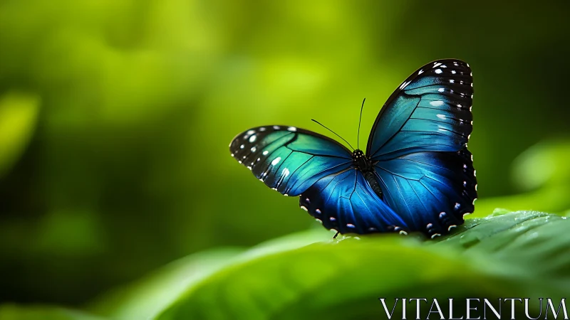Blue morpho butterfly rests on dewy leaf in soft bokeh forest