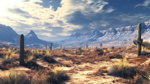 Desert valley with cacti and distant layered mountain ridges.