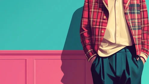 Bold plaid blazer cuts a sharp silhouette against color block wall