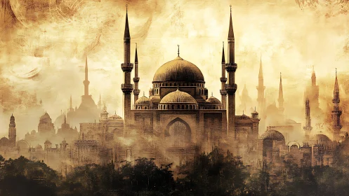 Golden dusk over oriental domed city skyline panorama.