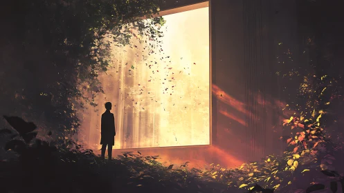 Backlit portal window in overgrown forest chamber at dusk.